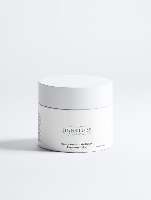 White jar of Deep Cleanse Scalp Scrub with Rosemary & Mint on a white background